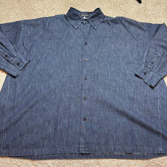 Eskandar Blue Denim Button Down Long Sleeve Oversized Blouse Shirt Jacket - Picture 2 of 3